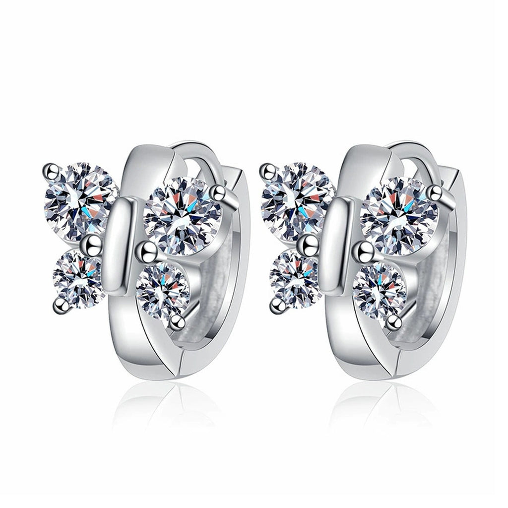 Cluster Moissanite Hoop Earrings in White Gold-Plated S925 Sterling Silver on clean white background showing polished huggie hoops with a round moissanite cluster at the front