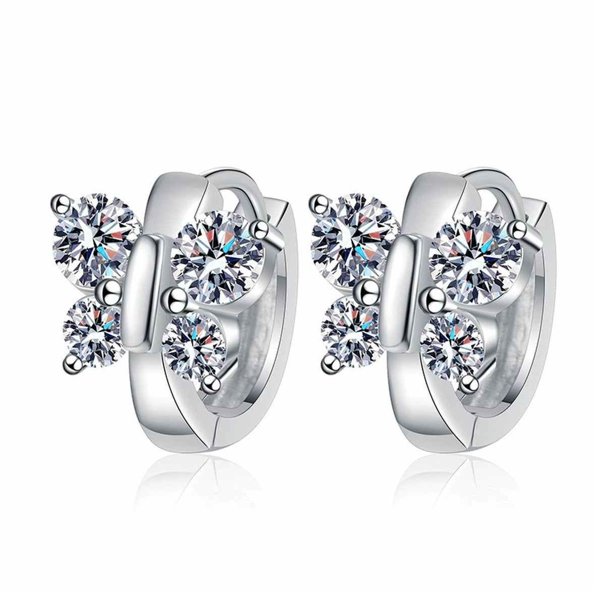 Cluster Moissanite Hoop Earrings in White Gold-Plated S925 Sterling Silver on clean white background showing polished huggie hoops with a round moissanite cluster at the front