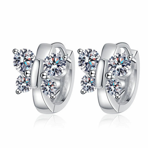 Cluster Moissanite Hoop Earrings in White Gold-Plated S925 Sterling Silver on clean white background showing polished huggie hoops with a round moissanite cluster at the front
