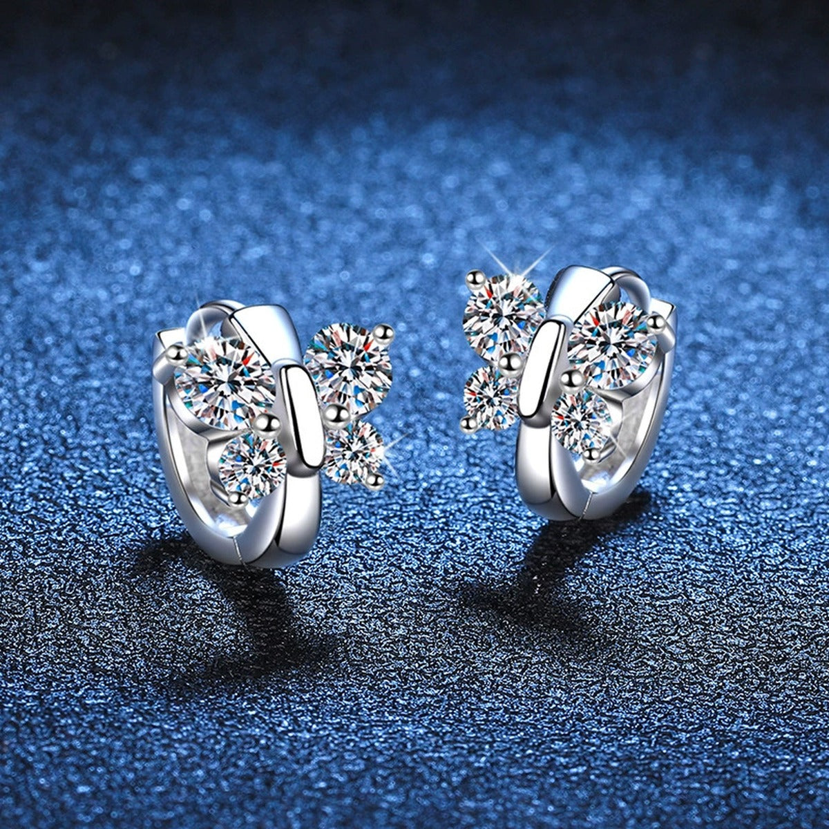 Cluster Moissanite Hoop Earrings in White Gold-Plated S925 Sterling Silver blue scene angled view