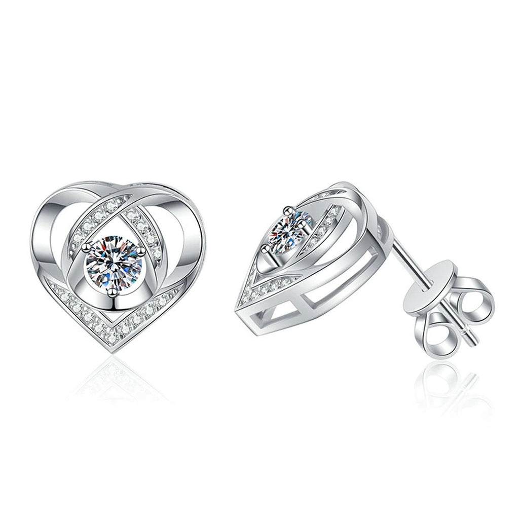 Heart Moissanite Stud Earrings with CZ in White Gold-Plated S925 Silver on clean white background showing heart-shaped stud earrings with a petite round moissanite center