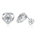 Heart Moissanite Stud Earrings with CZ in White Gold-Plated S925 Silver on clean white background showing heart-shaped stud earrings with a petite round moissanite center