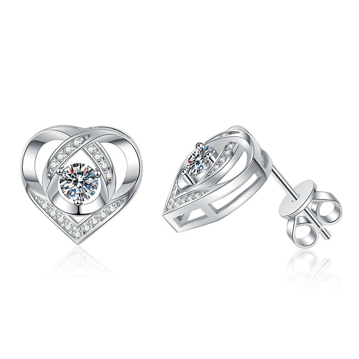 Heart Moissanite Stud Earrings with CZ in White Gold-Plated S925 Silver on clean white background showing heart-shaped stud earrings with a petite round moissanite center