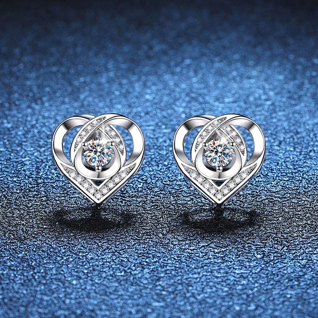 Heart Moissanite Stud Earrings with CZ in White Gold-Plated S925 Silver blue scene product view