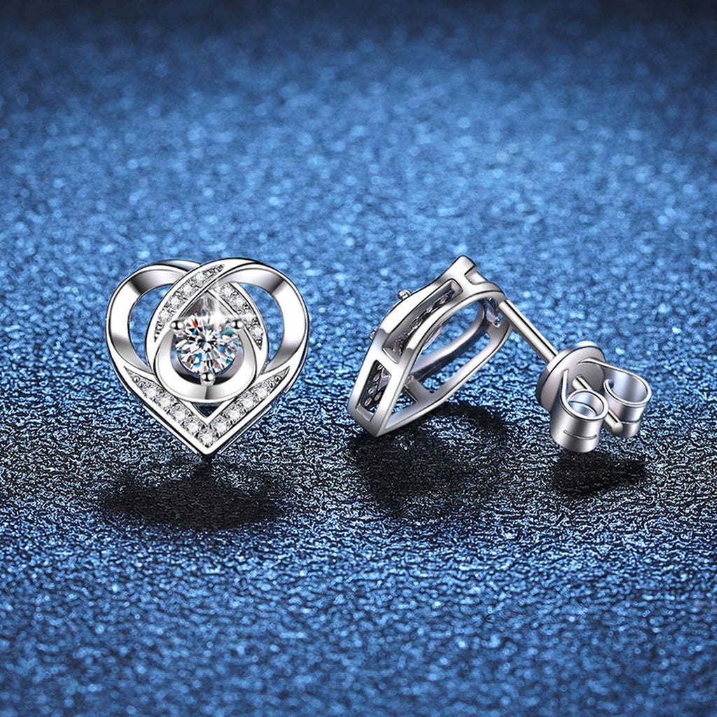 Heart Moissanite Stud Earrings with CZ in White Gold-Plated S925 Silver blue scene close-up view