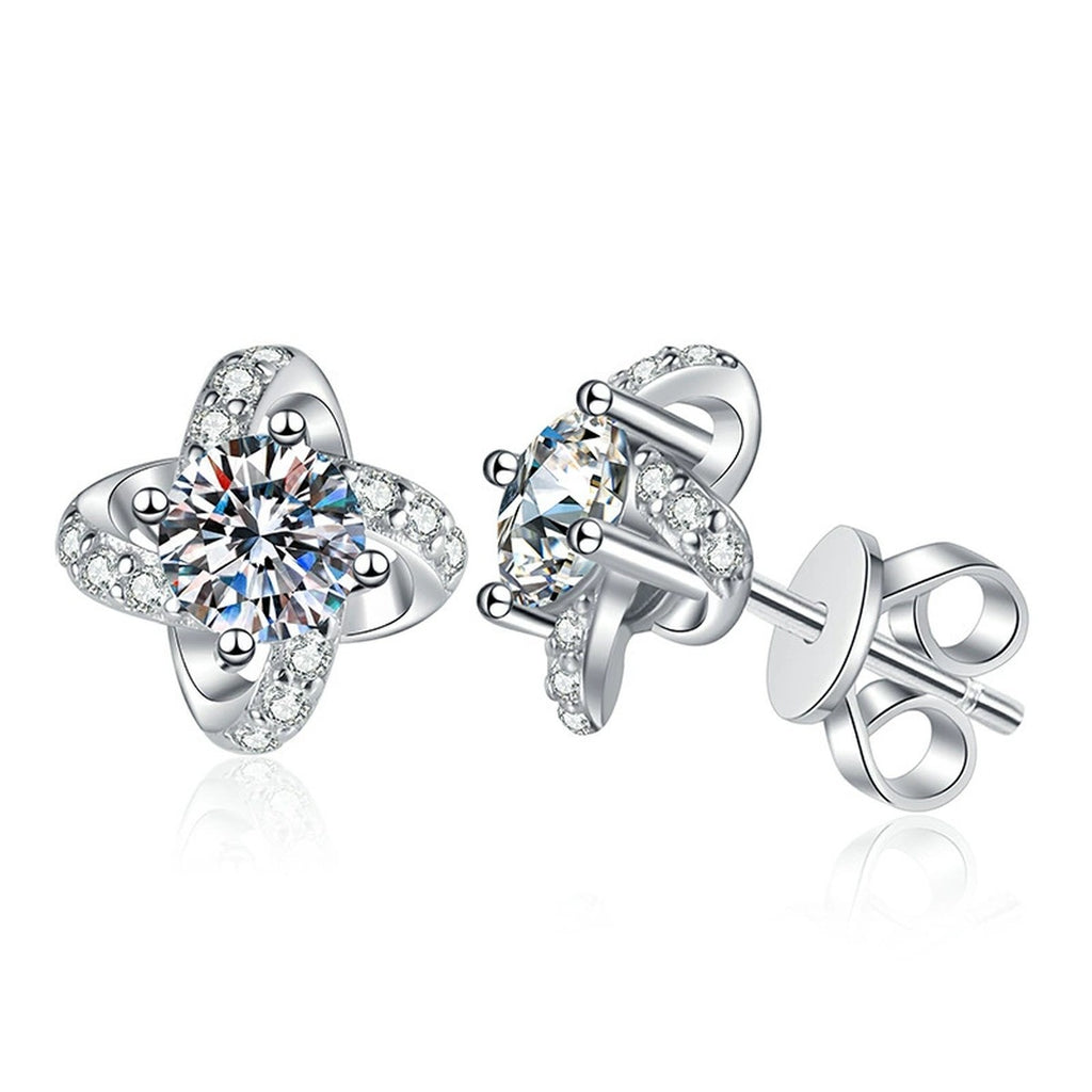 Floral Moissanite Stud Earrings with CZ in White Gold-Plated S925 Silver on clean white background showing floral cluster studs with a round moissanite center and petal-like sparkle