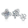 Floral Moissanite Stud Earrings with CZ in White Gold-Plated S925 Silver on clean white background showing floral cluster studs with a round moissanite center and petal-like sparkle
