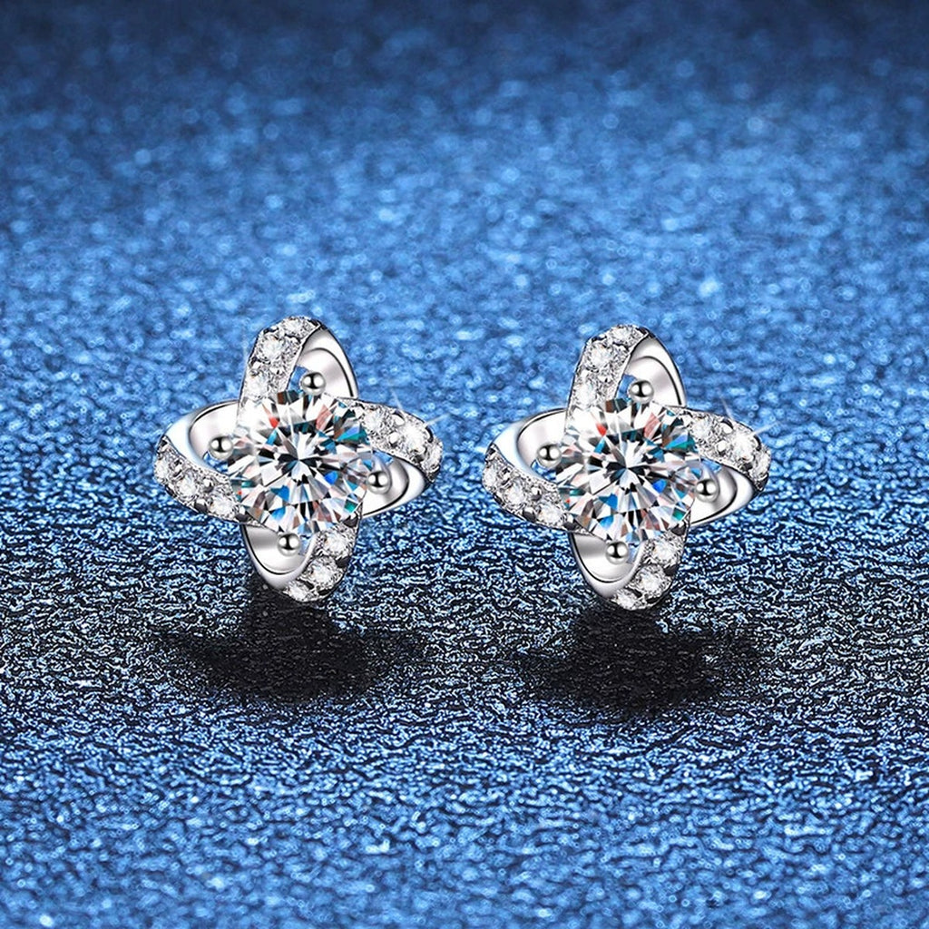 Floral Moissanite Stud Earrings with CZ in White Gold-Plated S925 Silver blue scene product view