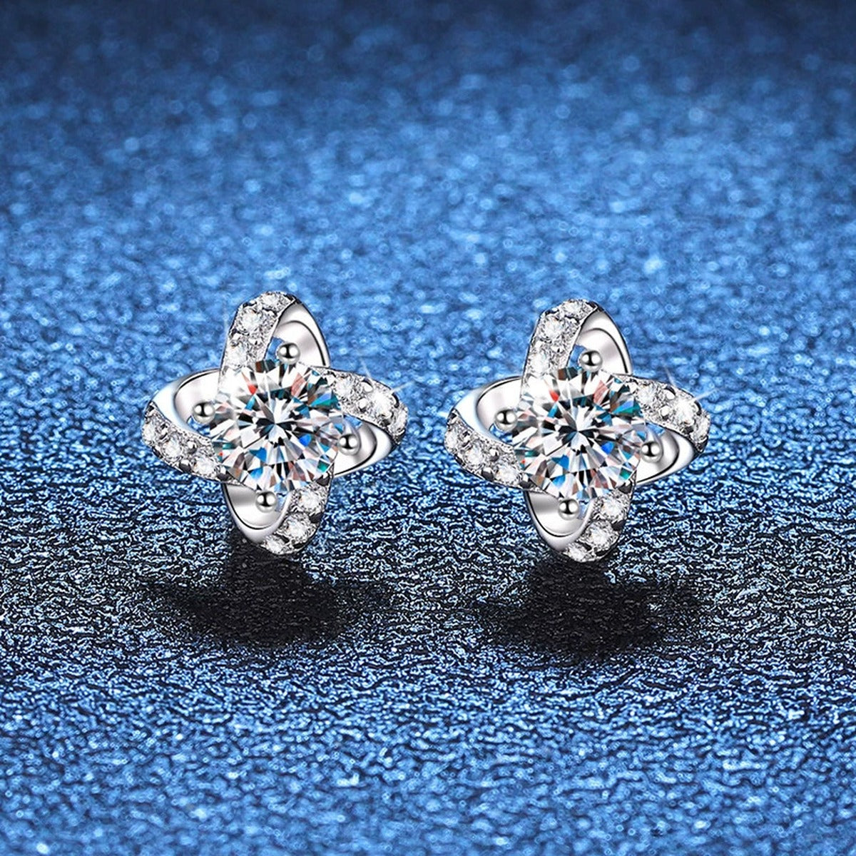 Floral Moissanite Stud Earrings with CZ in White Gold-Plated S925 Silver blue scene product view