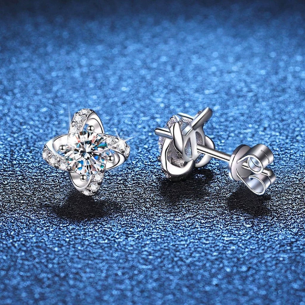 Floral Moissanite Stud Earrings with CZ in White Gold-Plated S925 Silver blue scene angled view
