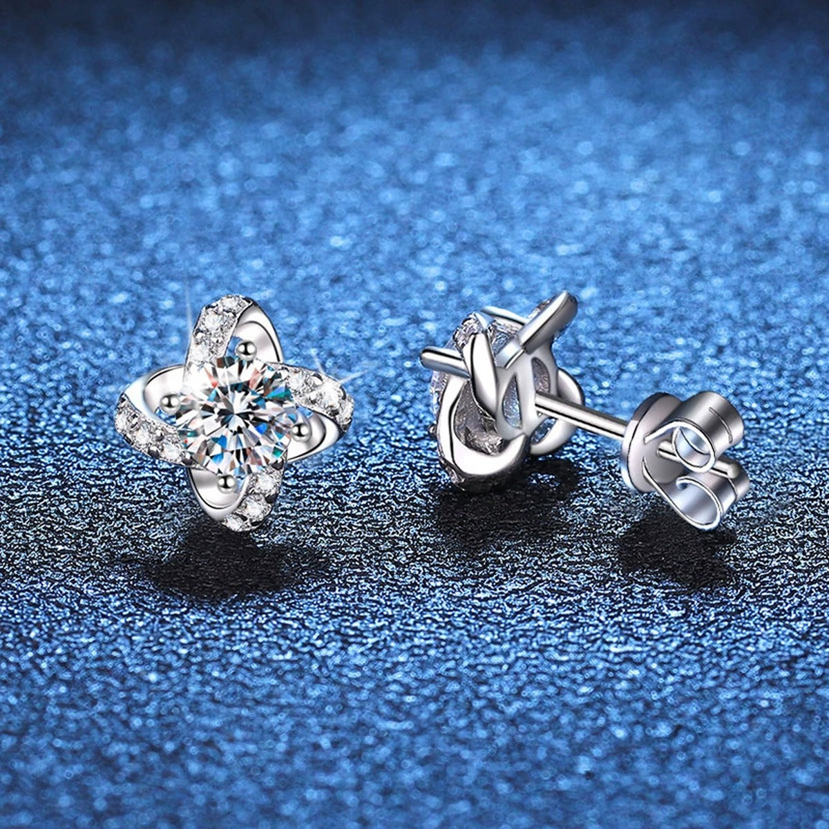 Floral Moissanite Stud Earrings with CZ in White Gold-Plated S925 Silver blue scene angled view