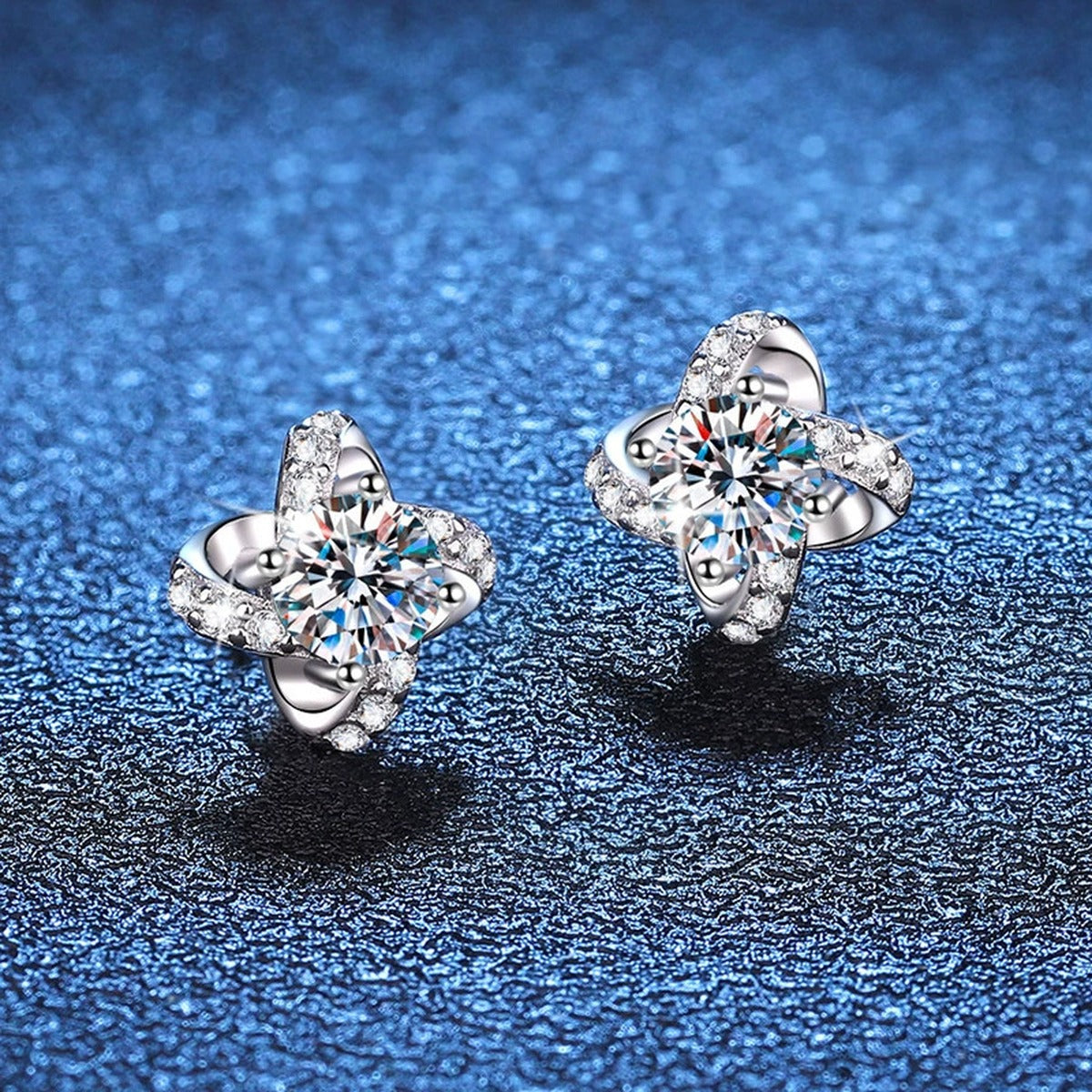 Floral Moissanite Stud Earrings with CZ in White Gold-Plated S925 Silver blue scene close-up view