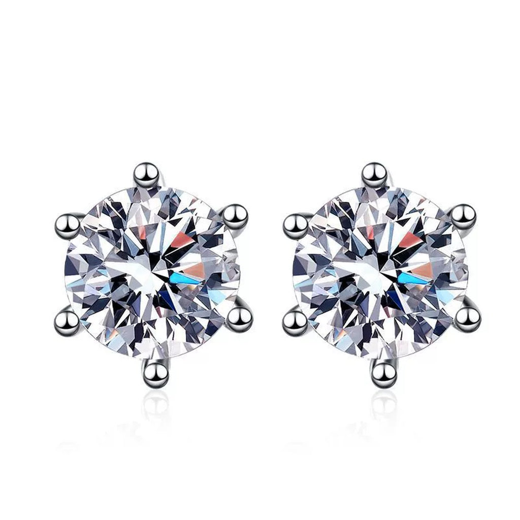 Round Moissanite Stud Earrings in White Gold-Plated S925 Sterling Silver on clean white background showing a classic round solitaire stud offered with push-back and screw-back settings
