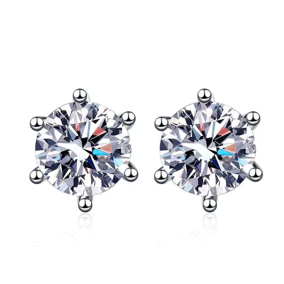 Round Moissanite Stud Earrings in White Gold-Plated S925 Sterling Silver on clean white background showing a classic round solitaire stud offered with push-back and screw-back settings