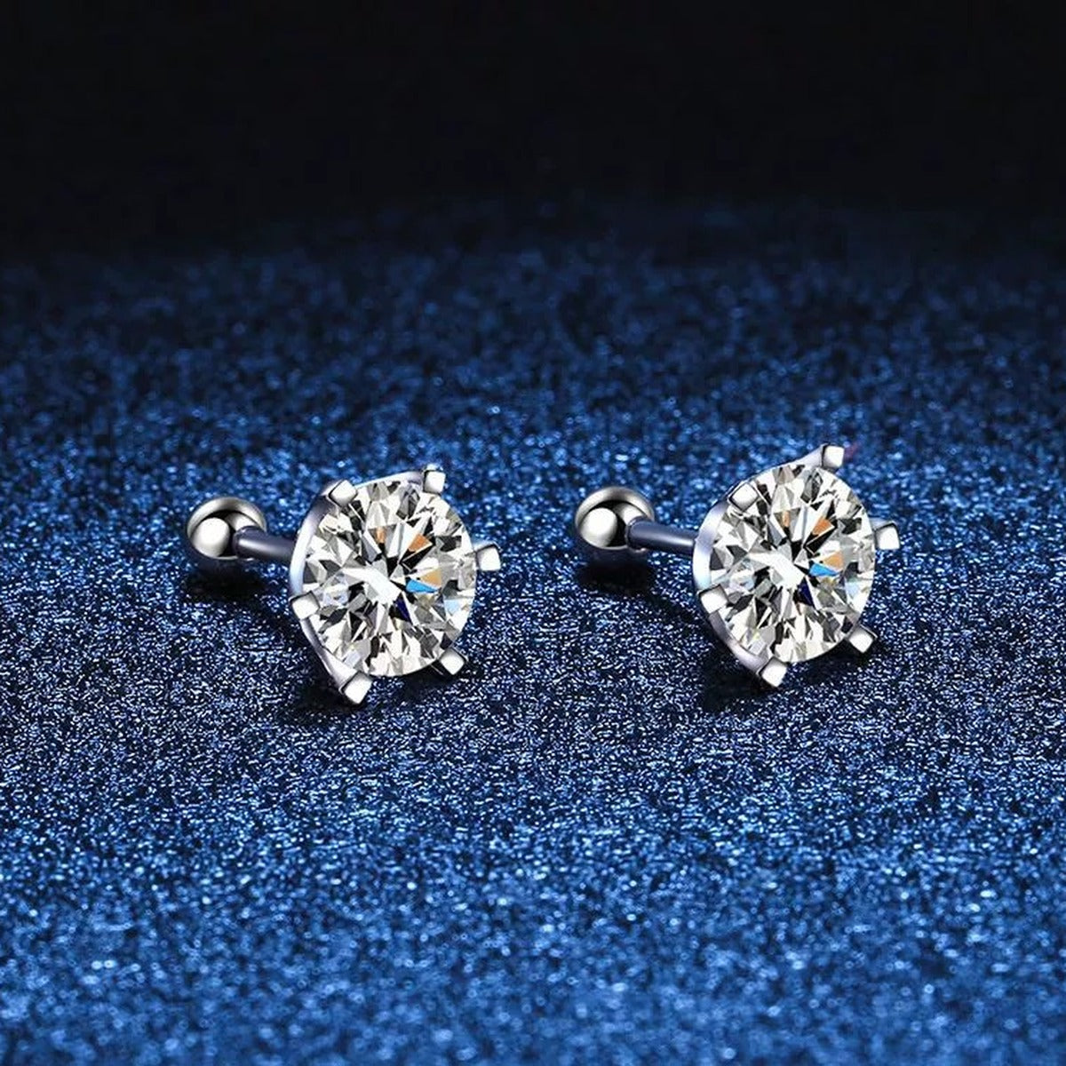 Round Moissanite Stud Earrings in White Gold-Plated S925 Sterling Silver blue scene angled view