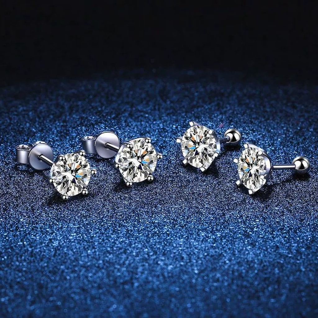 Round Moissanite Stud Earrings in White Gold-Plated S925 Sterling Silver blue scene close-up view