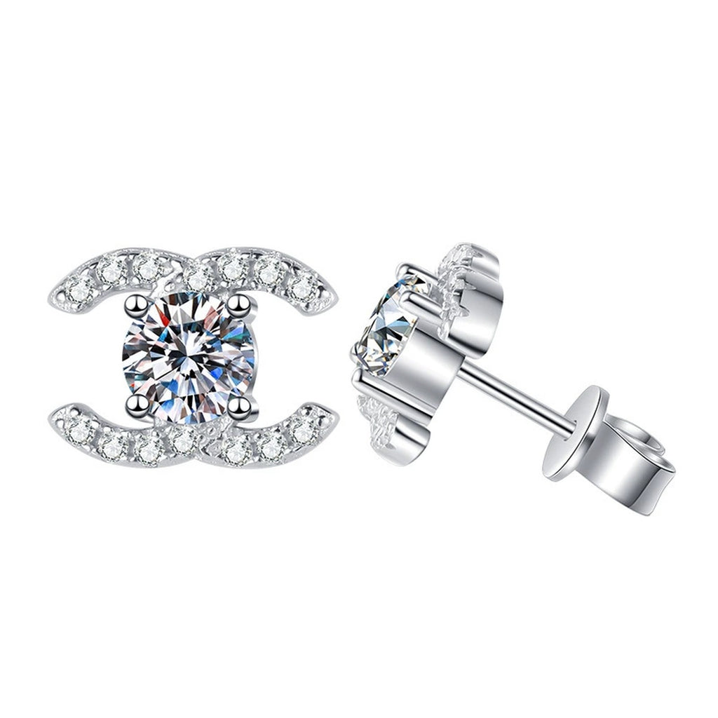 Crescent Moissanite Stud Earrings with CZ in Gold-Plated S925 Sterling Silver on clean white background showing crescent moon stud earrings with a bright round moissanite accent