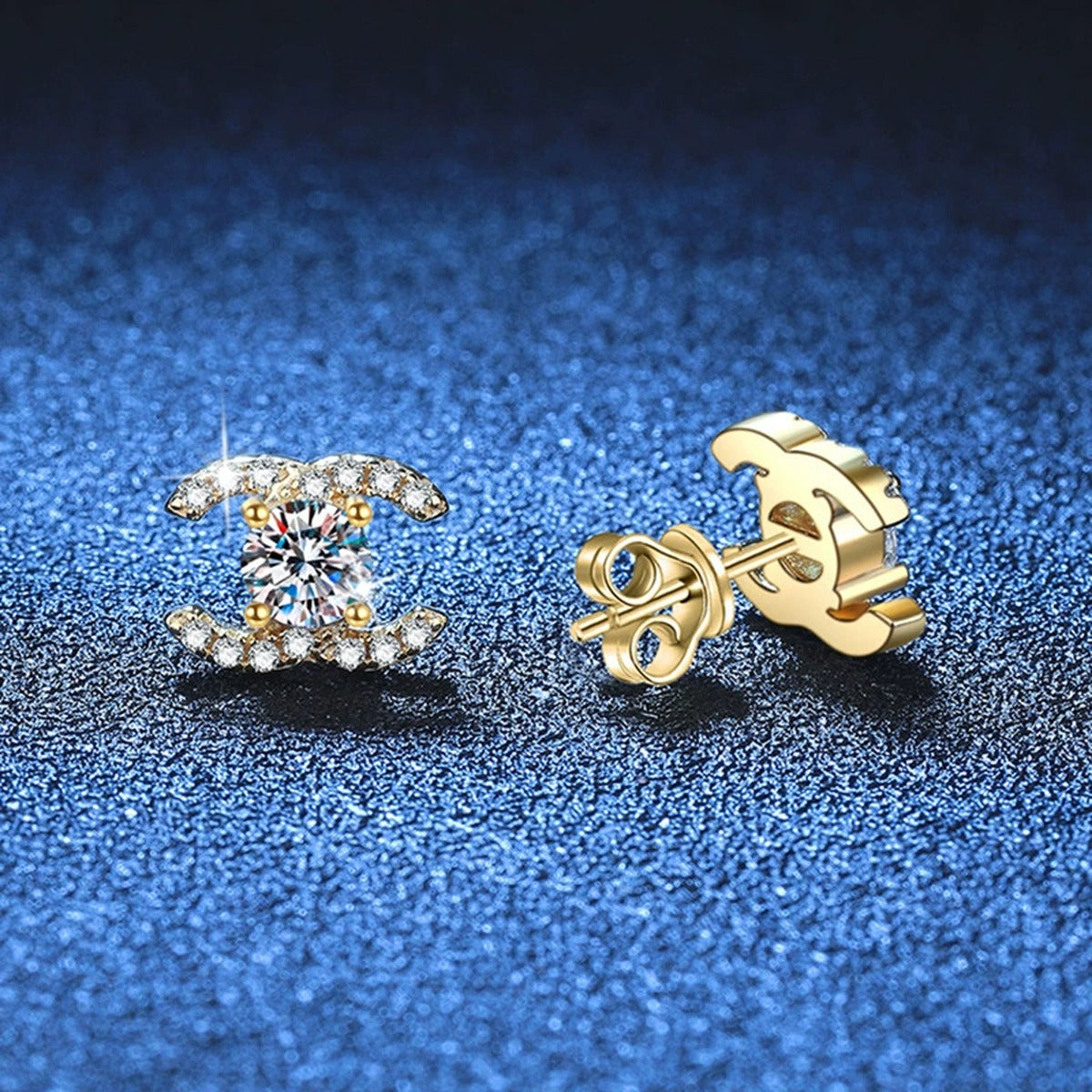Crescent Moissanite Stud Earrings with CZ in Gold-Plated S925 Sterling Silver blue scene product view