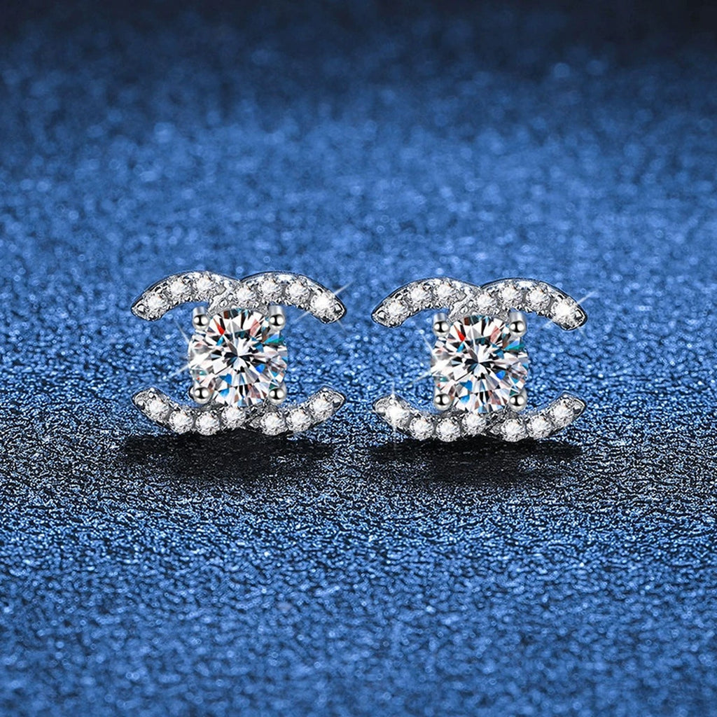 Crescent Moissanite Stud Earrings with CZ in Gold-Plated S925 Sterling Silver blue scene angled view
