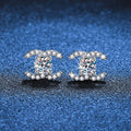 Crescent Moissanite Stud Earrings with CZ in Gold-Plated S925 Sterling Silver blue scene angled view