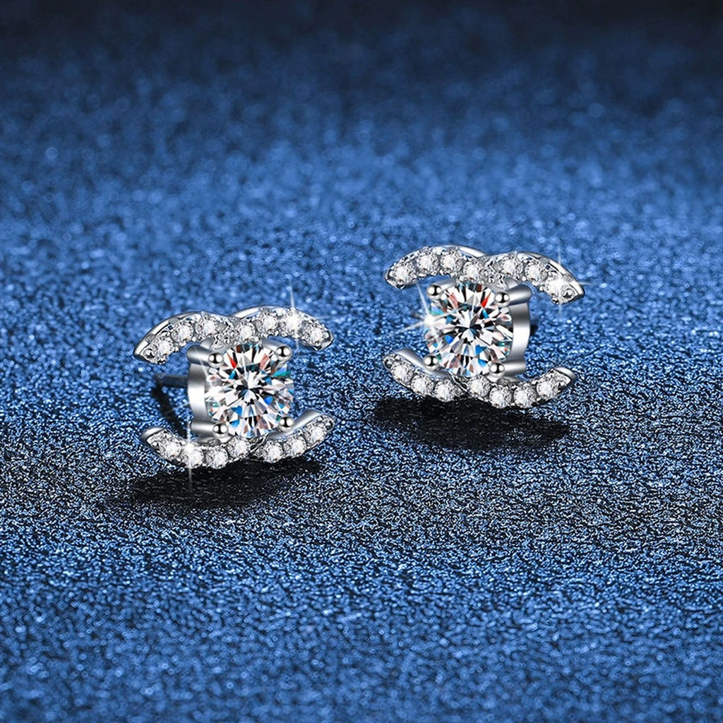 Crescent Moissanite Stud Earrings with CZ in Gold-Plated S925 Sterling Silver blue scene close-up view
