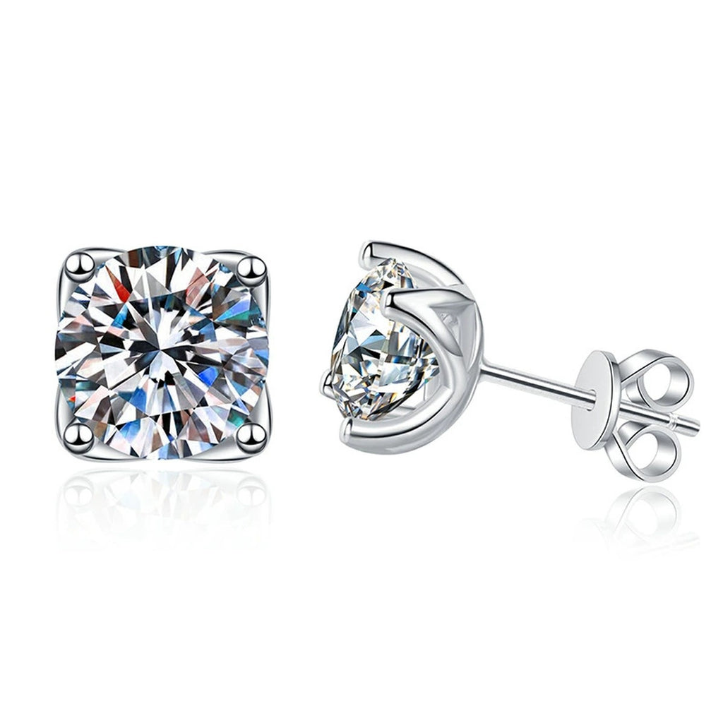 Cushion Halo Moissanite Stud Earrings in White Gold-Plated S925 Silver on clean white background showing cushion halo stud earrings with a rounded square outline