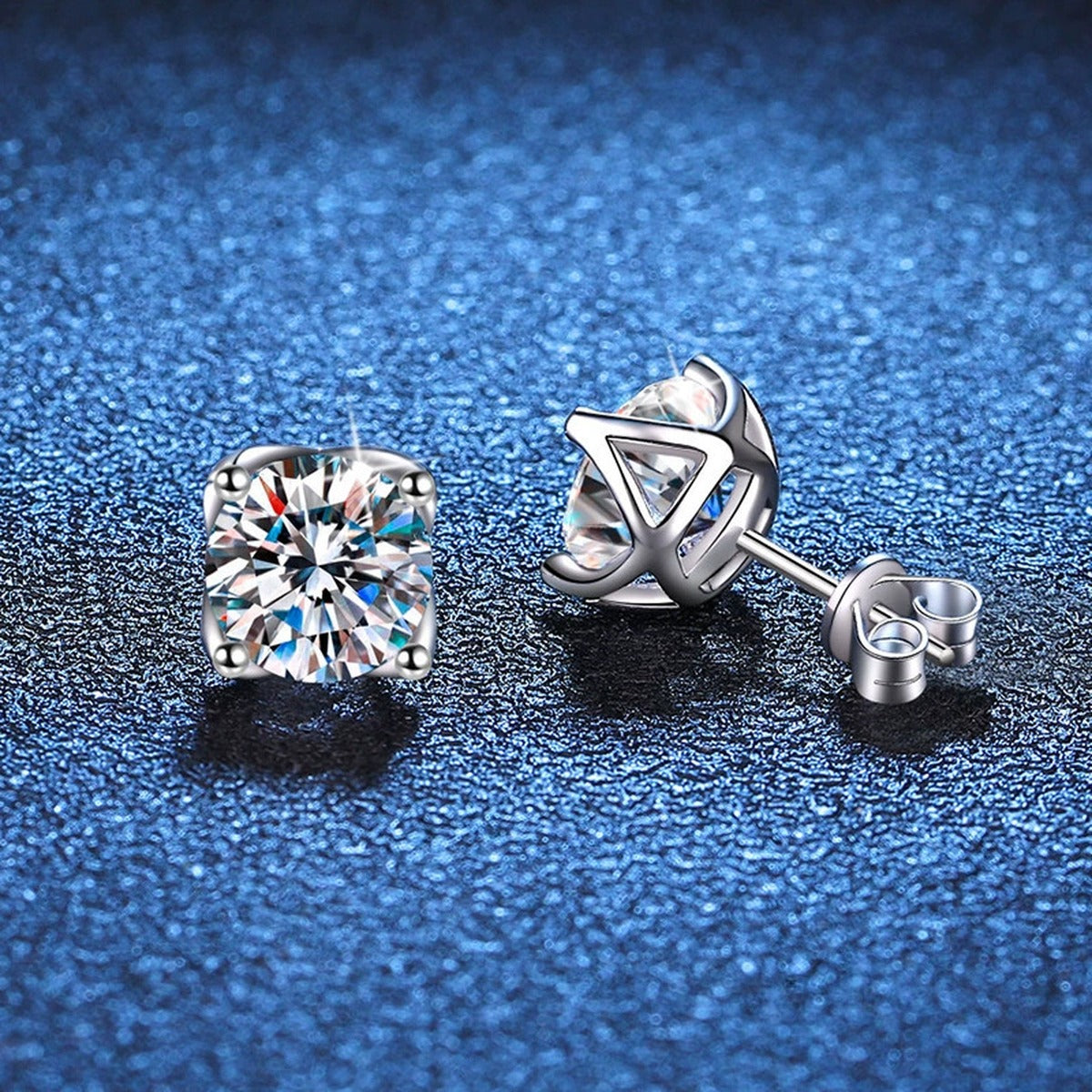 Cushion Halo Moissanite Stud Earrings in White Gold-Plated S925 Silver blue scene product view