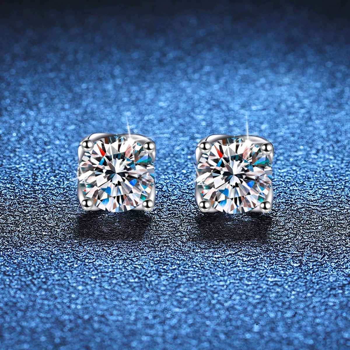 Cushion Halo Moissanite Stud Earrings in White Gold-Plated S925 Silver blue scene angled view
