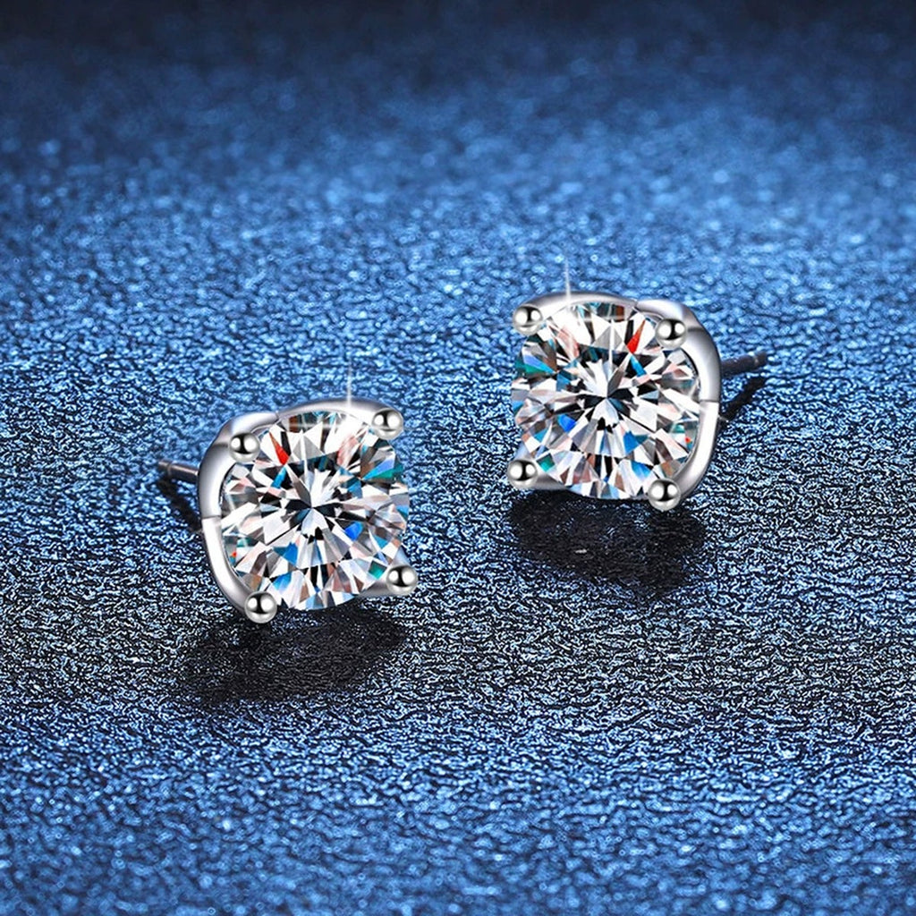 Cushion Halo Moissanite Stud Earrings in White Gold-Plated S925 Silver blue scene close-up view