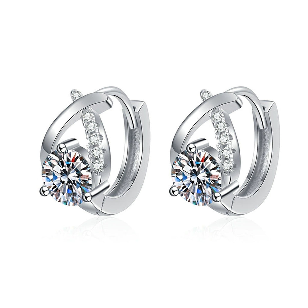 Floral Moissanite Huggie Earrings with CZ in White Gold-Plated S925 on clean white background showing small huggie hoops with a floral moissanite cluster at the front