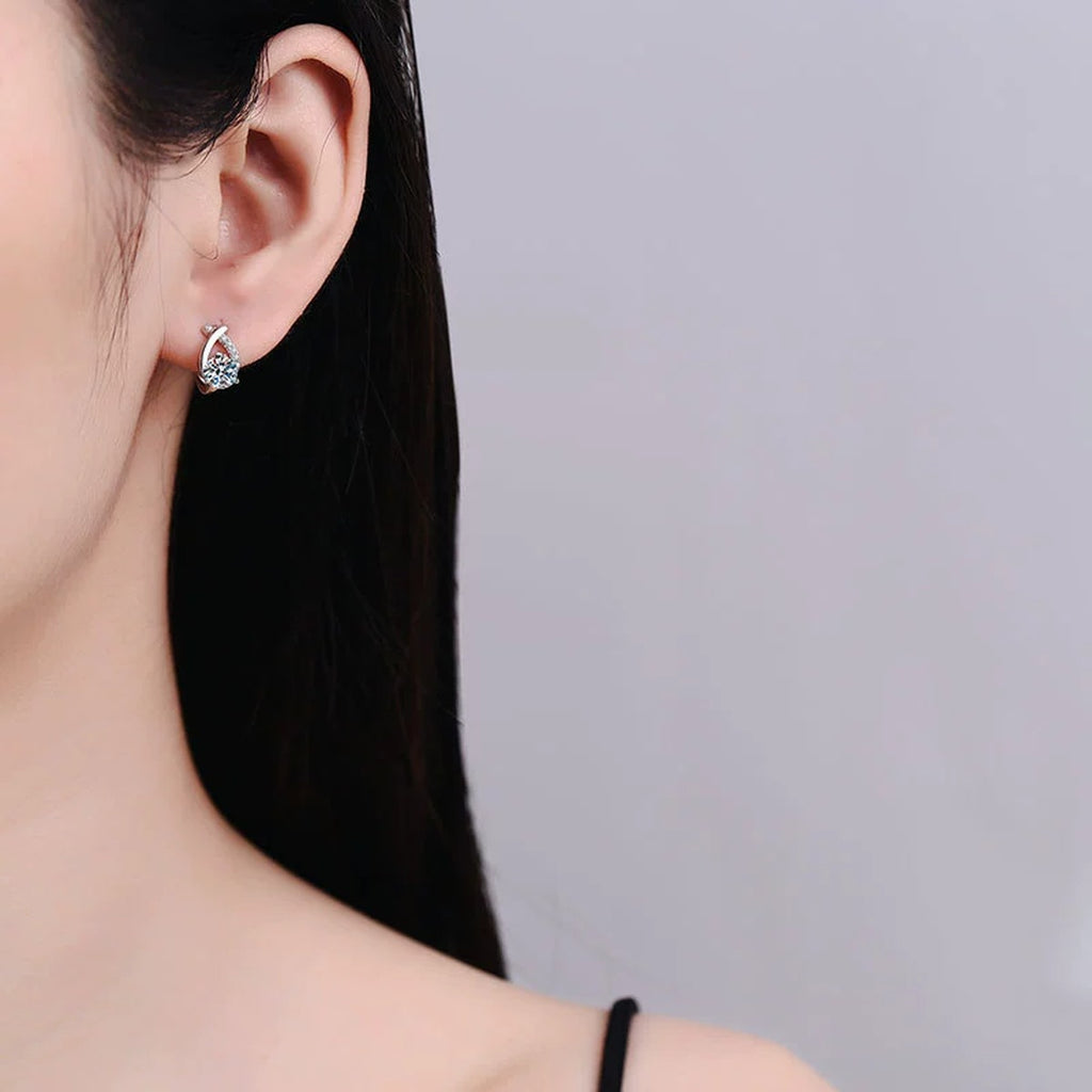 Floral Moissanite Huggie Earrings with CZ in White Gold-Plated S925 worn on ear by model