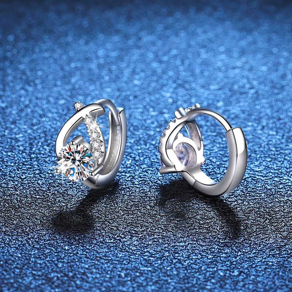 Floral Moissanite Huggie Earrings with CZ in White Gold-Plated S925 blue scene product view