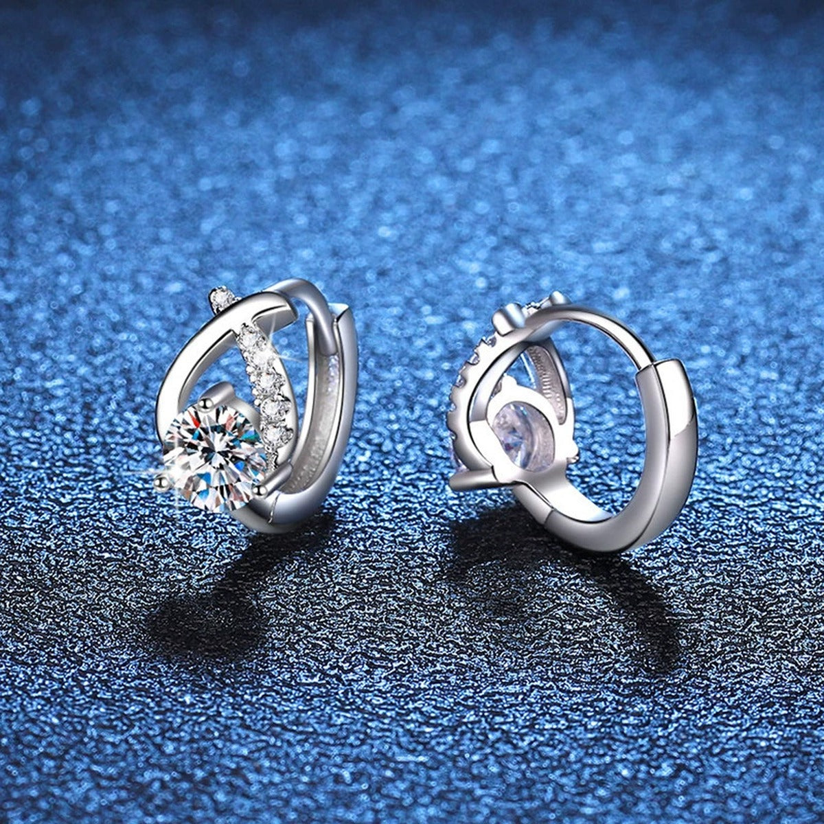 Floral Moissanite Huggie Earrings with CZ in White Gold-Plated S925 blue scene product view