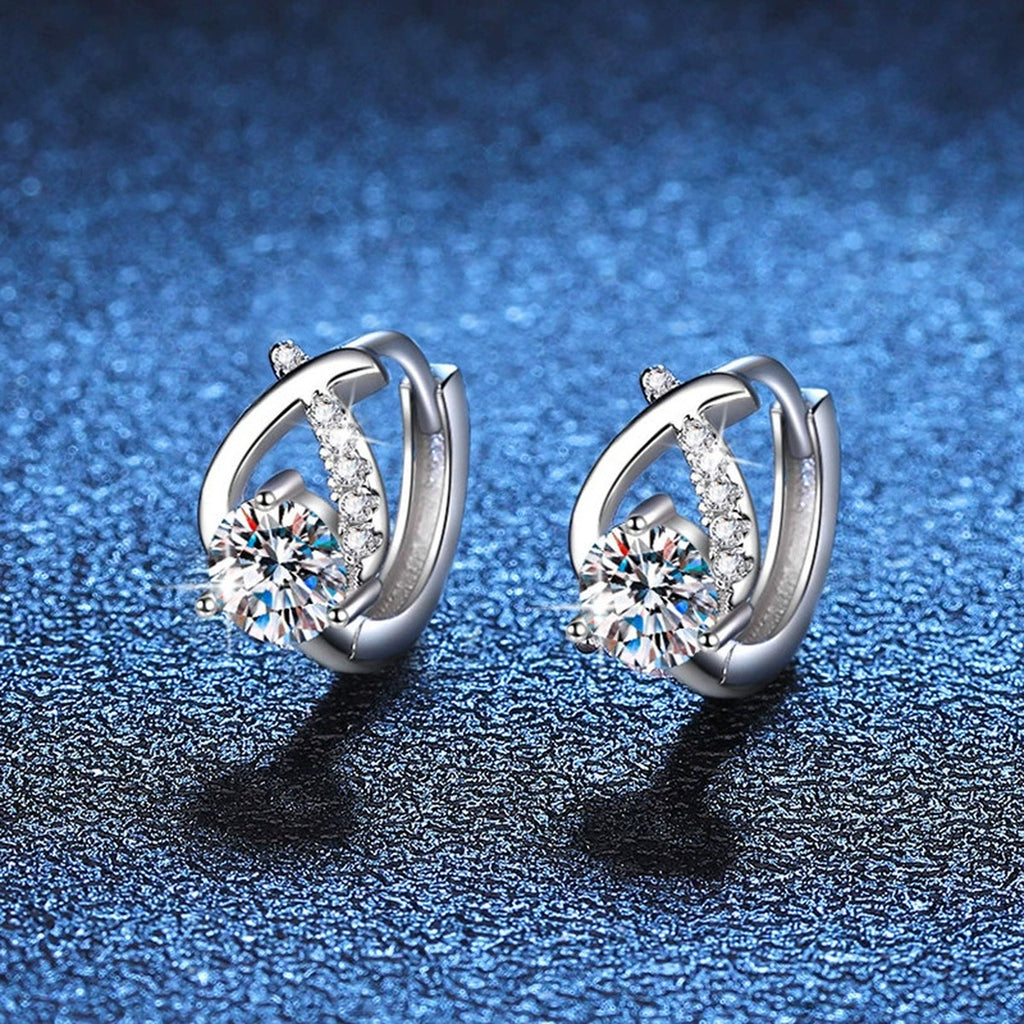 Floral Moissanite Huggie Earrings with CZ in White Gold-Plated S925 blue scene angled view