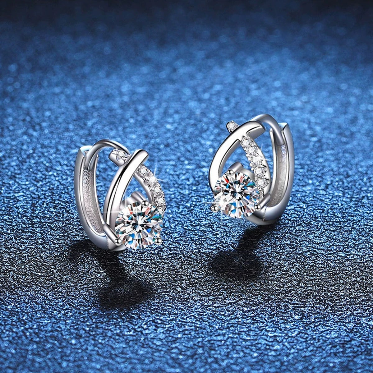 Floral Moissanite Huggie Earrings with CZ in White Gold-Plated S925 blue scene close-up view