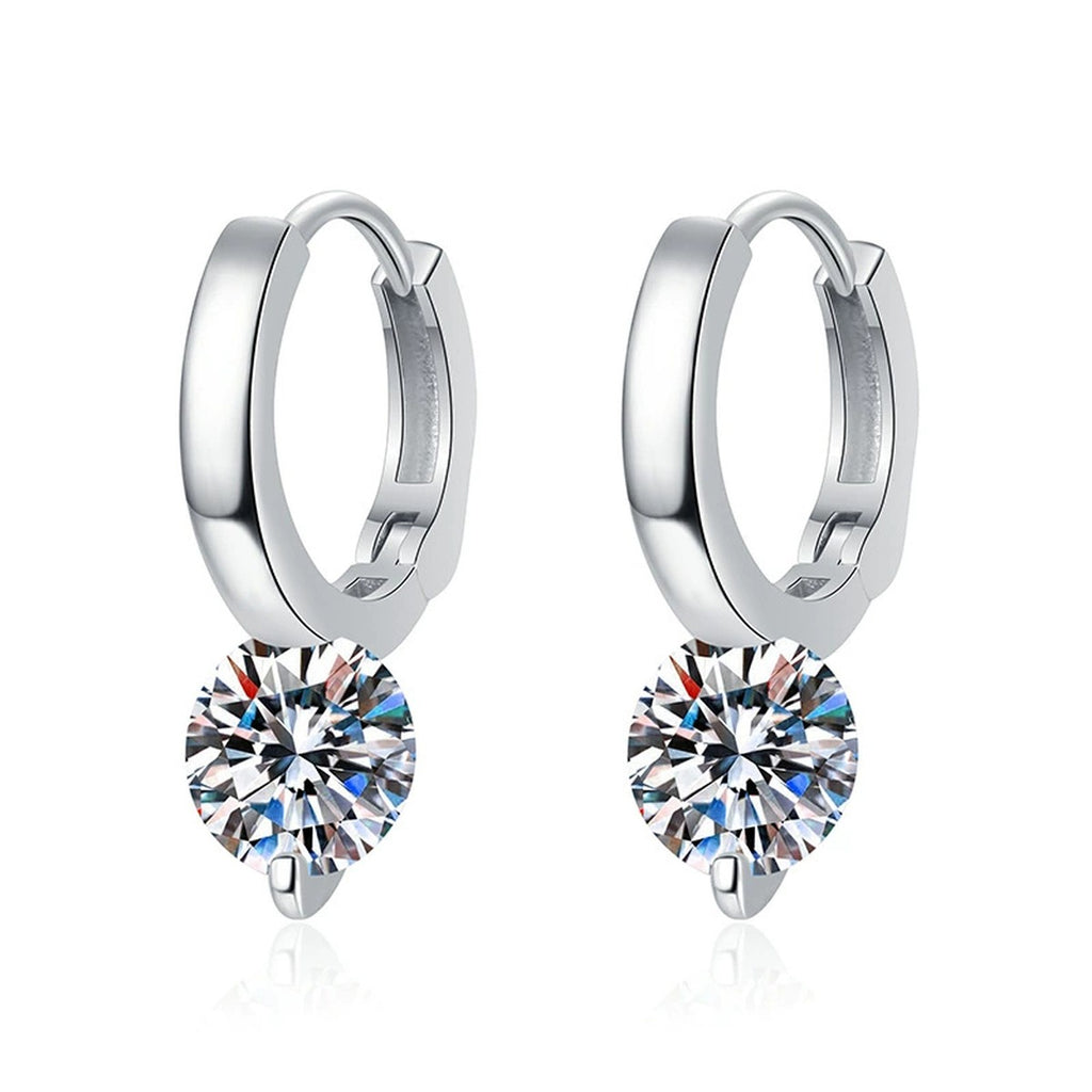 Round Moissanite Hoop Drop Earrings in White Gold-Plated S925 Silver on clean white background showing round moissanite drops suspended from polished hoop settings