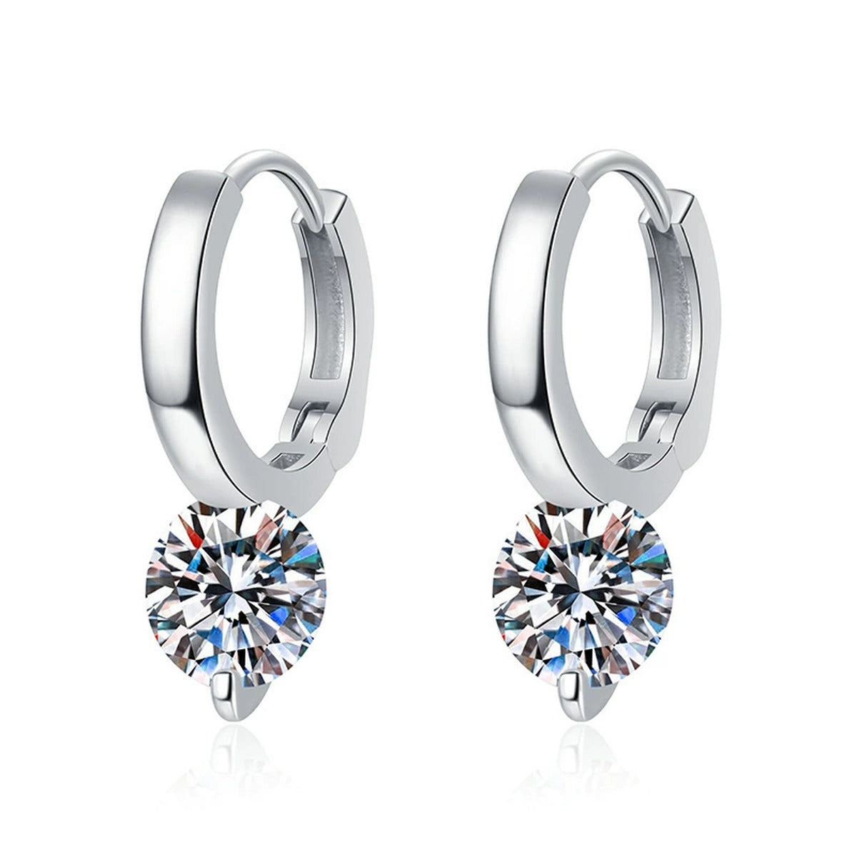 Round Moissanite Hoop Drop Earrings in White Gold-Plated S925 Silver on clean white background showing round moissanite drops suspended from polished hoop settings