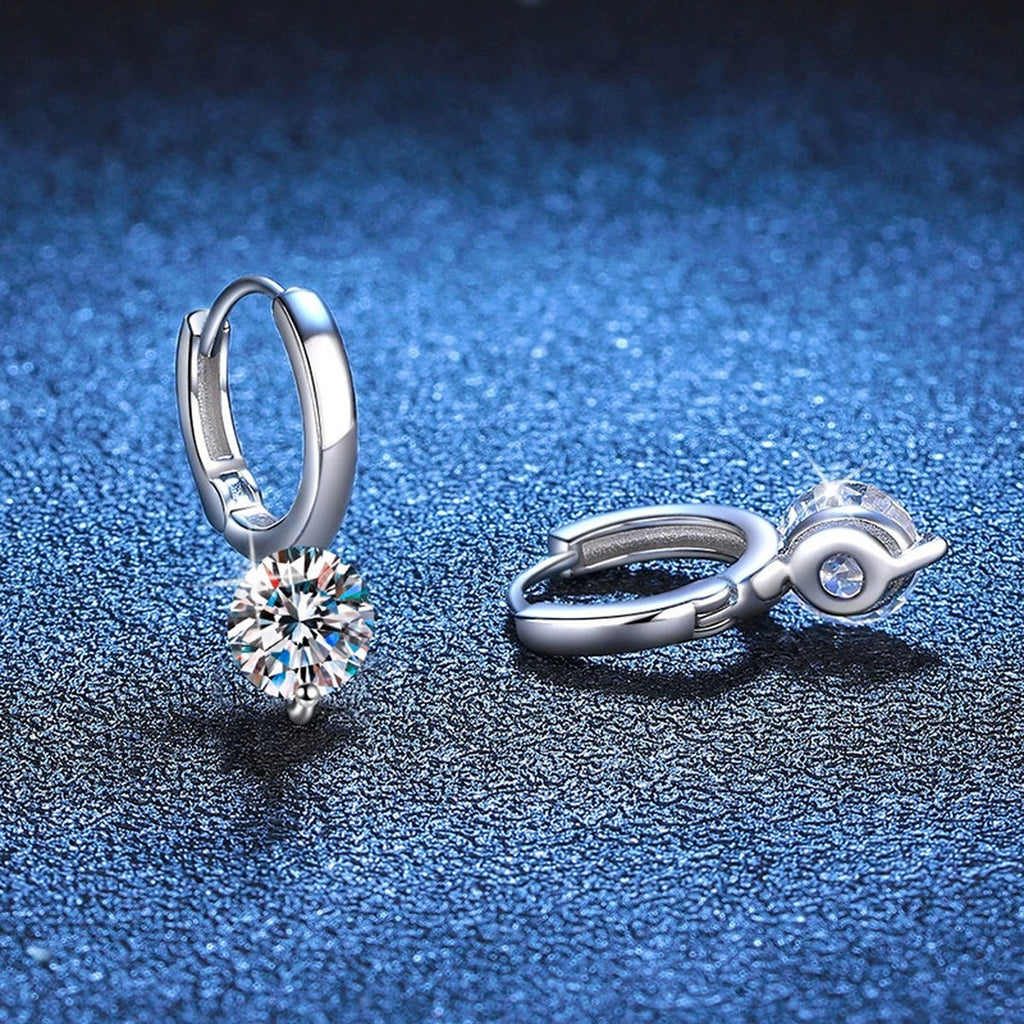 Round Moissanite Hoop Drop Earrings in White Gold-Plated S925 Silver blue scene product view
