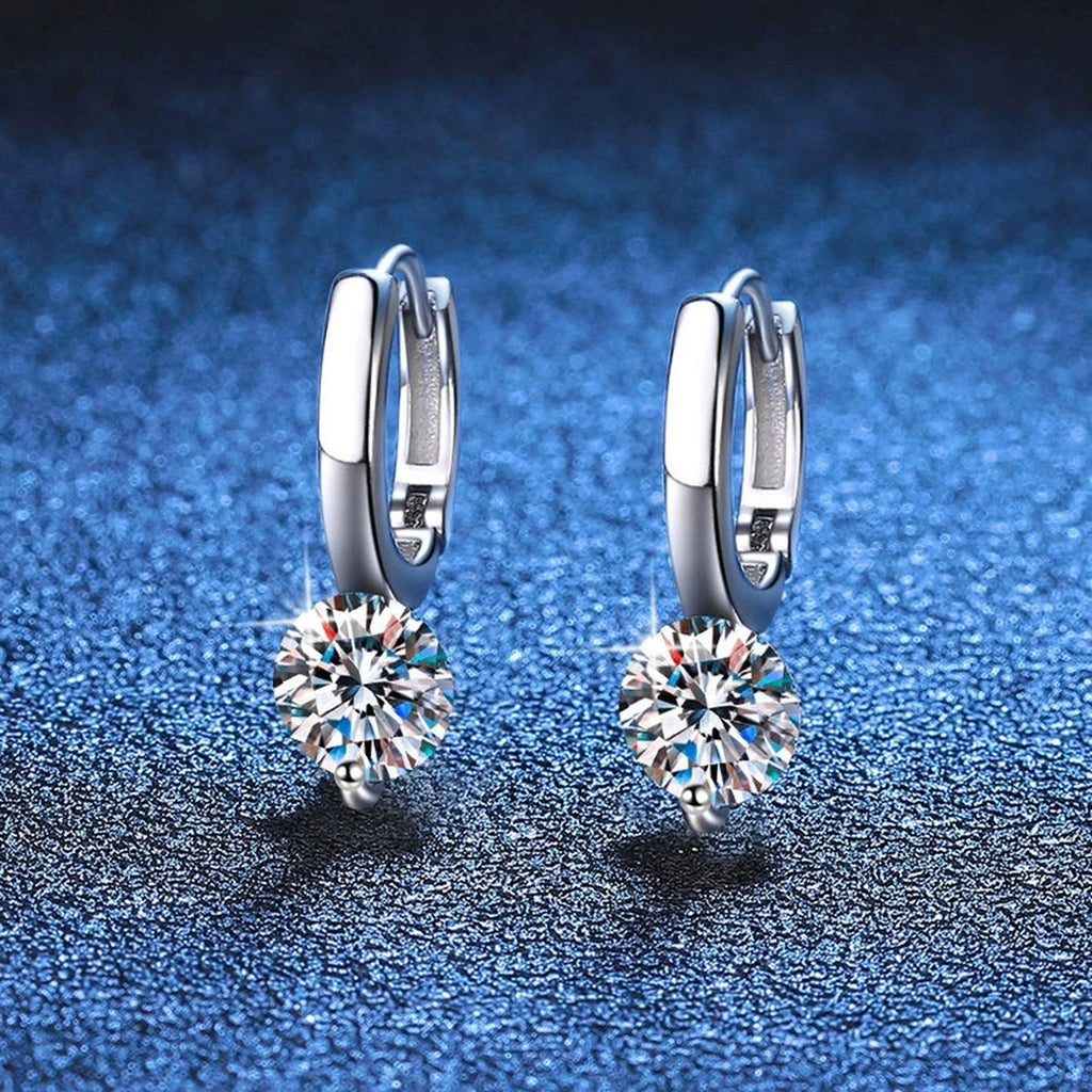 Round Moissanite Hoop Drop Earrings in White Gold-Plated S925 Silver blue scene angled view