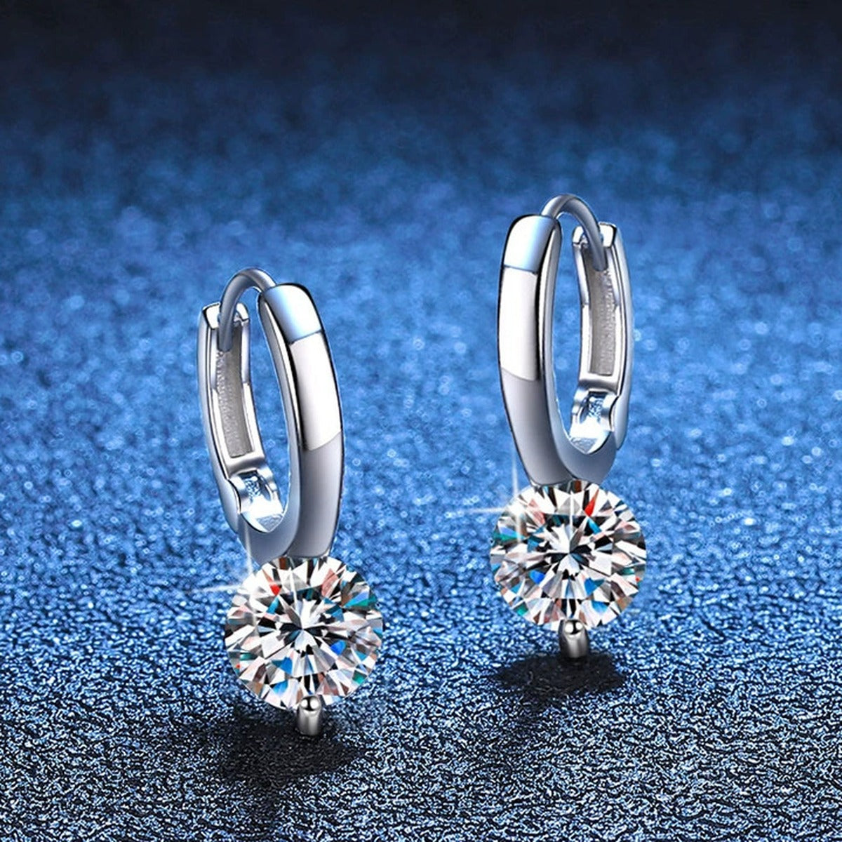 Round Moissanite Hoop Drop Earrings in White Gold-Plated S925 Silver blue scene close-up view