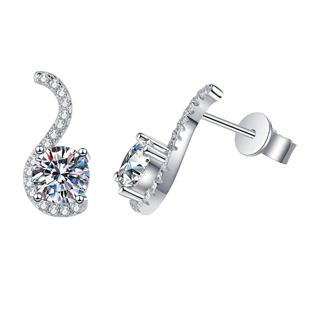 Crescent Moissanite Drop Earrings with CZ in White Gold-Plated S925 on clean white background showing crescent-shaped drop earrings with a round moissanite center