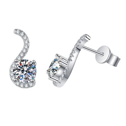 Crescent Moissanite Drop Earrings with CZ in White Gold-Plated S925 on clean white background showing crescent-shaped drop earrings with a round moissanite center