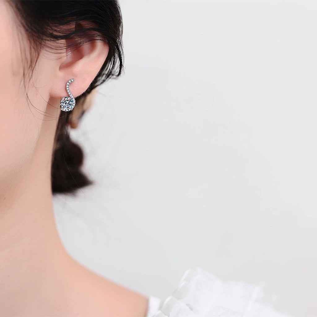 Crescent Moissanite Drop Earrings with CZ in White Gold-Plated S925 worn on ear by model