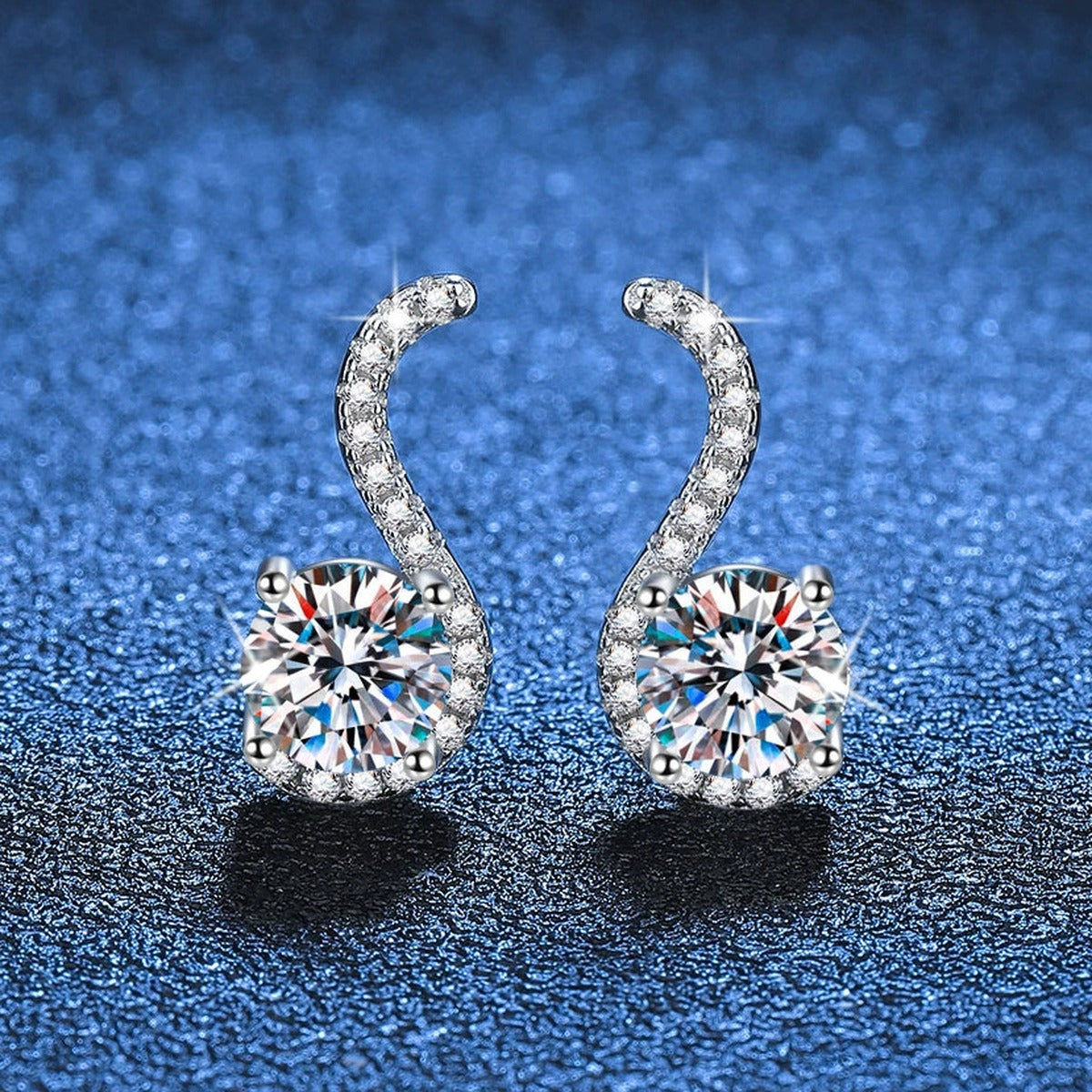 Crescent Moissanite Drop Earrings with CZ in White Gold-Plated S925 blue scene product view