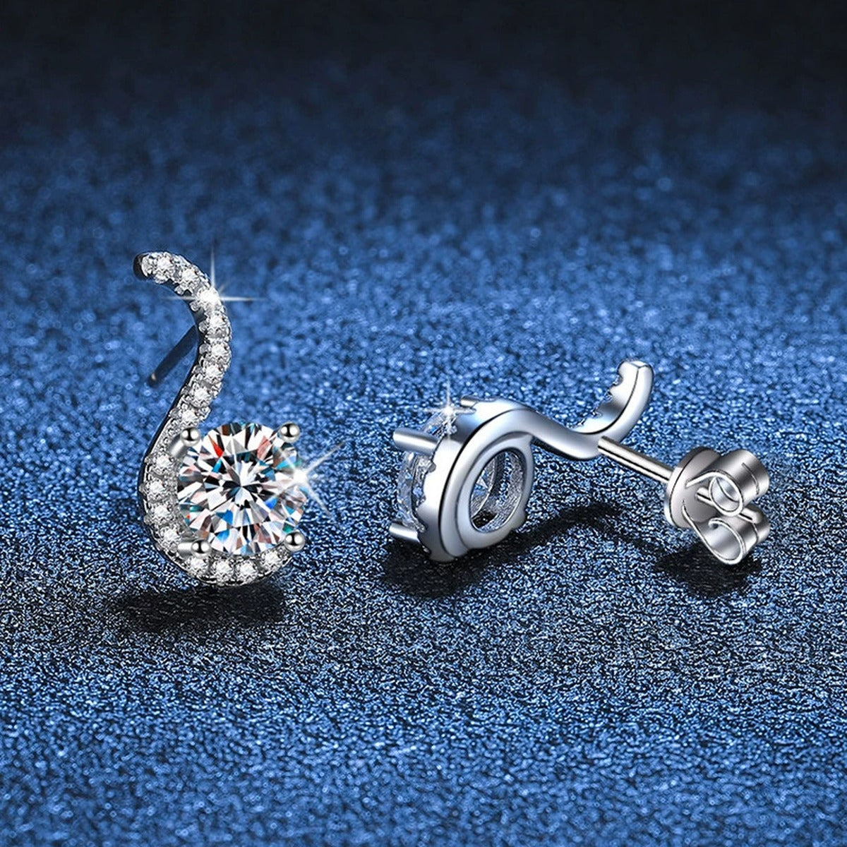 Crescent Moissanite Drop Earrings with CZ in White Gold-Plated S925 blue scene angled view