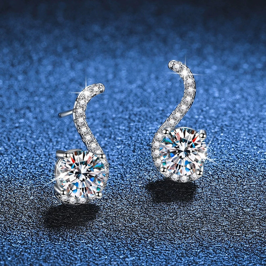 Crescent Moissanite Drop Earrings with CZ in White Gold-Plated S925 blue scene close-up view