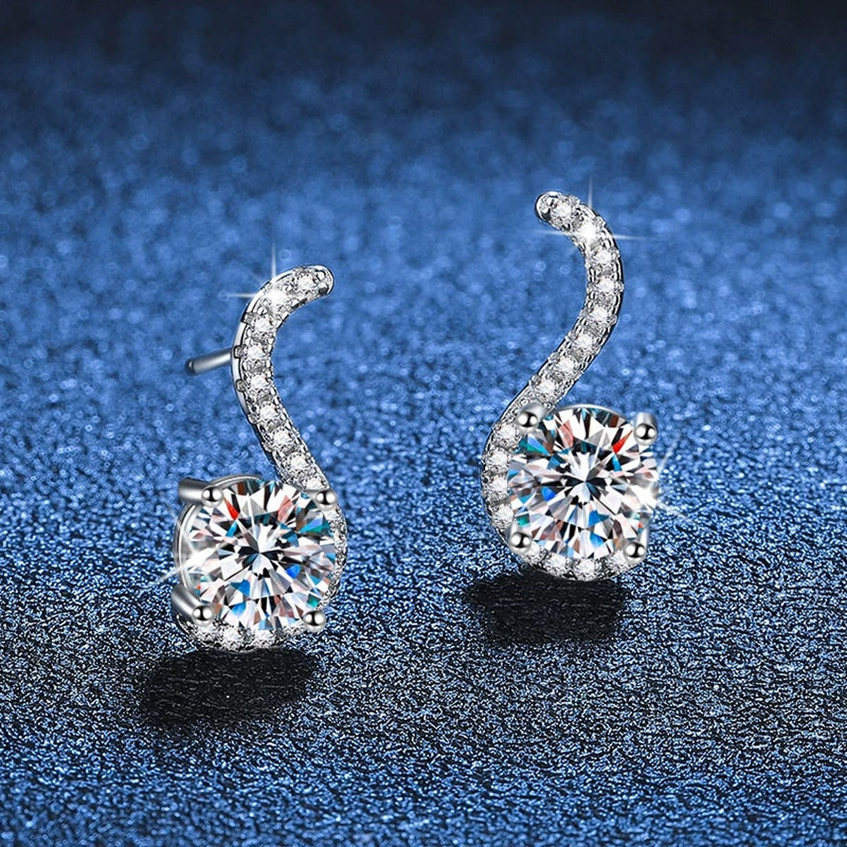 Crescent Moissanite Drop Earrings with CZ in White Gold-Plated S925 blue scene close-up view