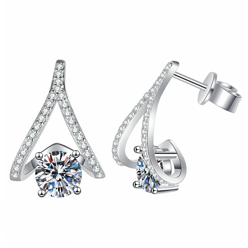 Triangle Moissanite Drop Earrings with CZ in White Gold-Plated S925 on clean white background showing geometric triangle drop earrings with a round moissanite center