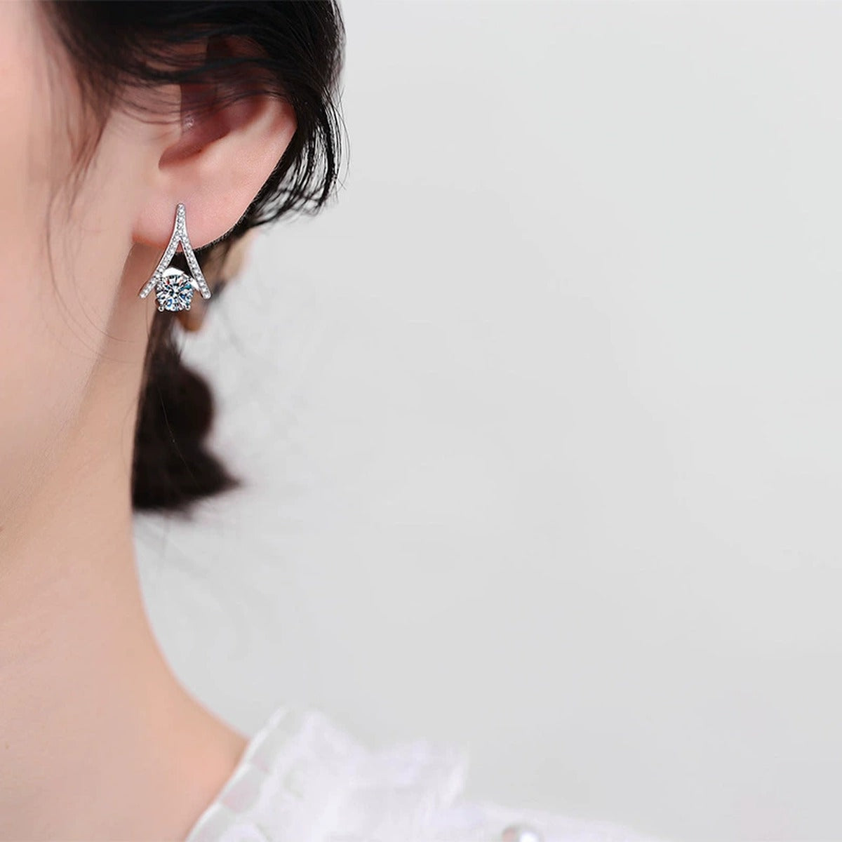 Triangle Moissanite Drop Earrings with CZ in White Gold-Plated S925 worn on ear by model