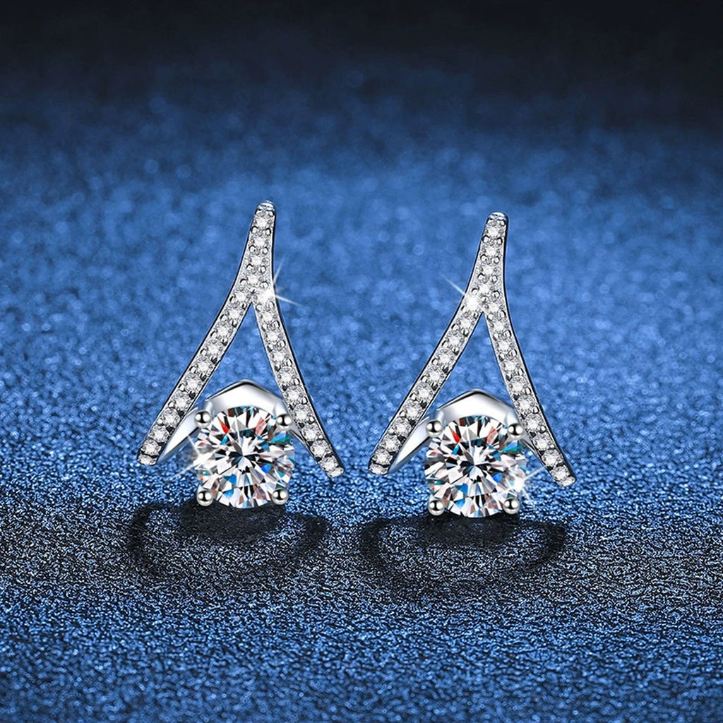 Triangle Moissanite Drop Earrings with CZ in White Gold-Plated S925 blue scene angled view